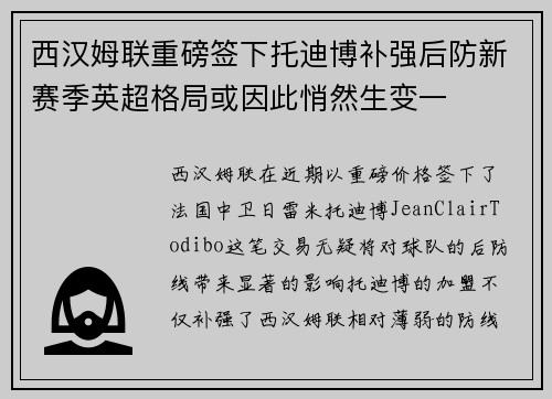西汉姆联重磅签下托迪博补强后防新赛季英超格局或因此悄然生变一 西汉姆联重磅签下托迪博补强后防新赛季英超格局或因此悄然生变一