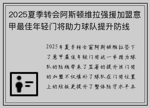 2025夏季转会阿斯顿维拉强援加盟意甲最佳年轻门将助力球队提升防线